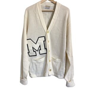 Vintage acrylic Varsity letterman‎ White Cardigan Sweater with letter M